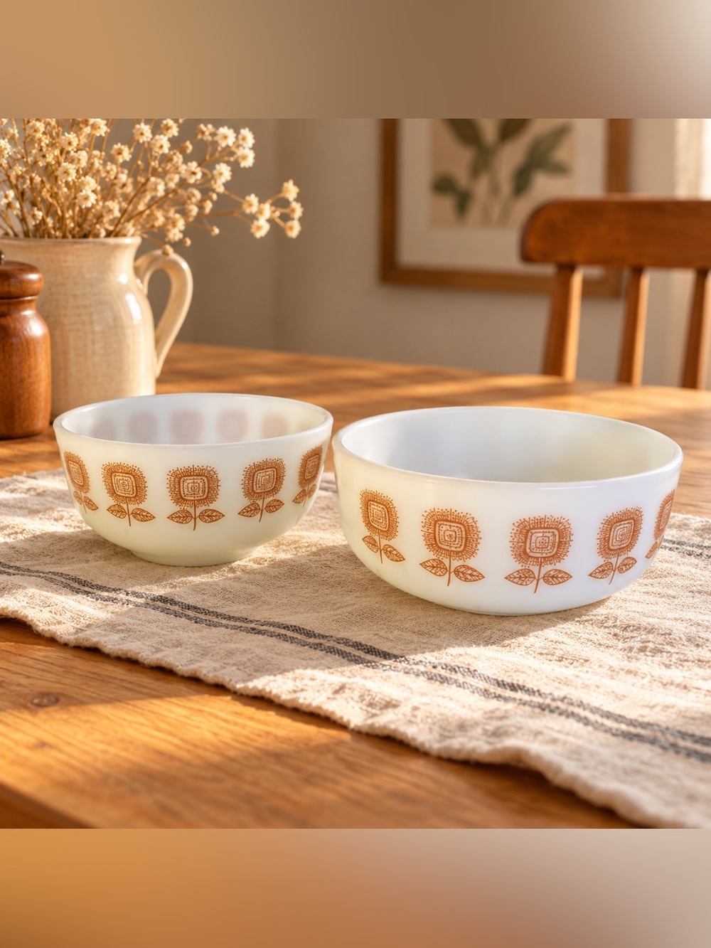 Vintage Milk Glass Nesting Bowls Orange Floral Daisy Set Mid Century Kitchen